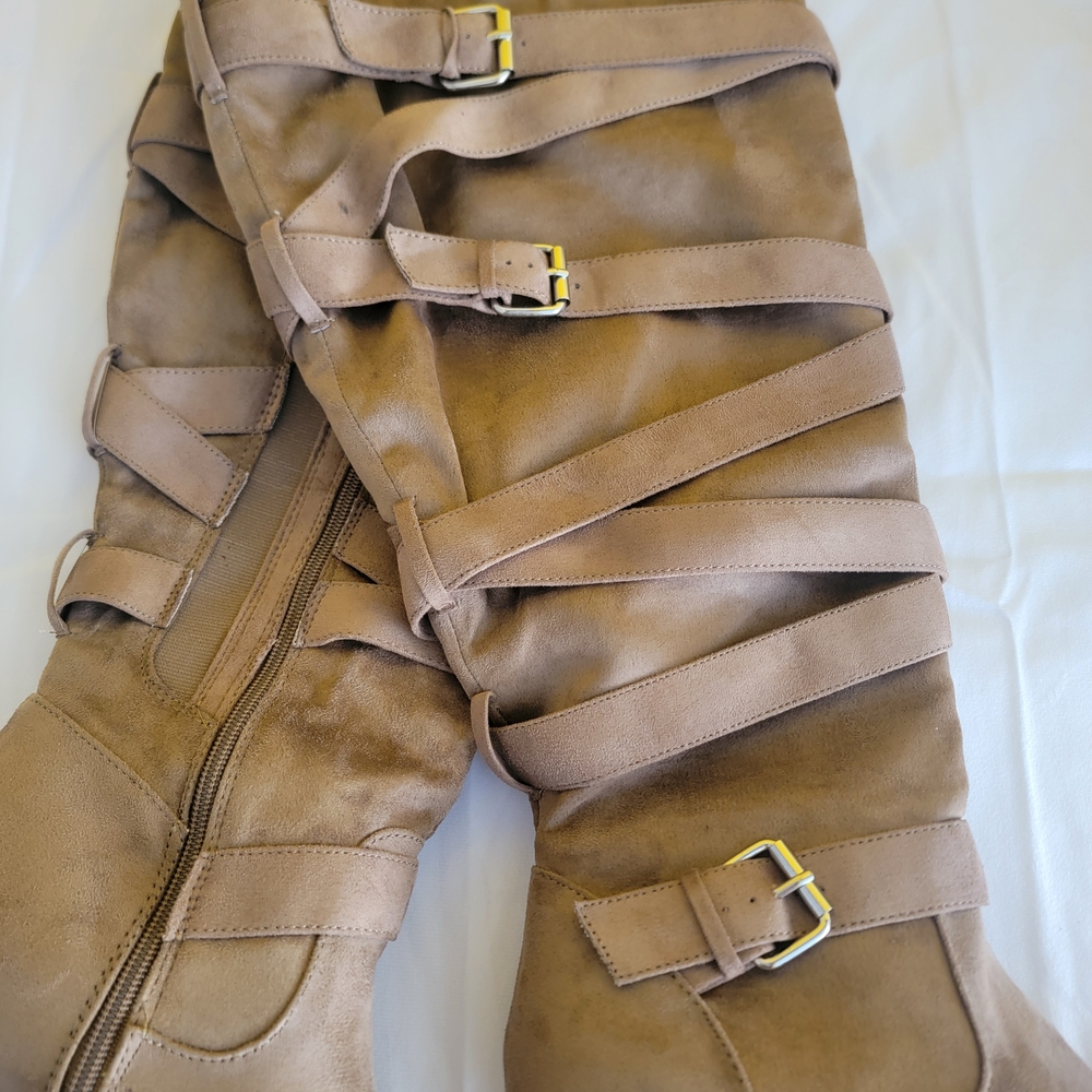 Women's Tan Knee-High Buckle Strap Heeled Boots - Picture 2 of 6